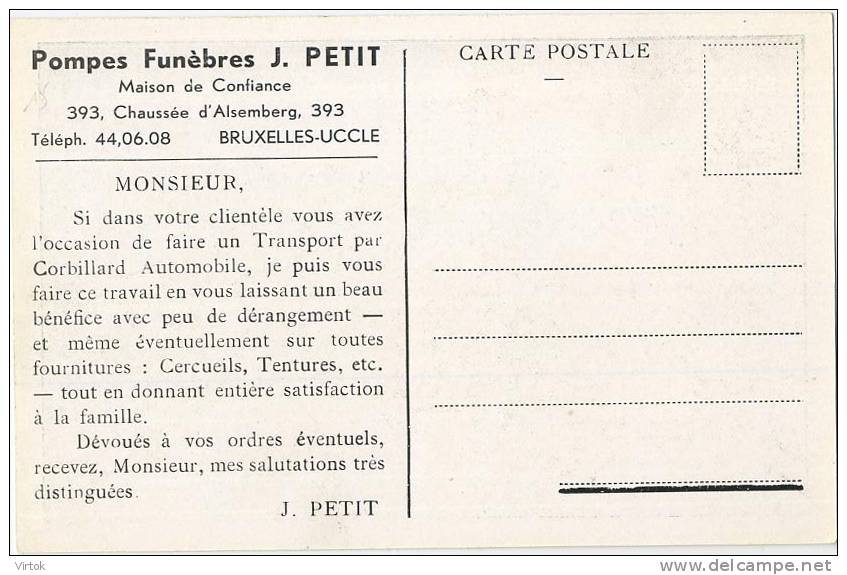 Ukkel : Pompes Funèbres - Begrafenis Onderneming : J. PETIT  ( Corbiare )  Vieux Auto - Old Car - Uccle - Ukkel