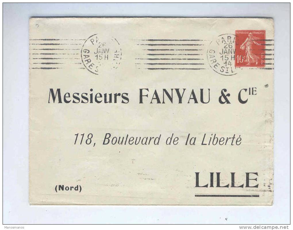 597/15 - Entier Enveloppe Semeuse Camée 10 C - Repiquage Fanyau § Cie PARIS 1914 Vers LILLE - Enveloppes Repiquages (avant 1995)