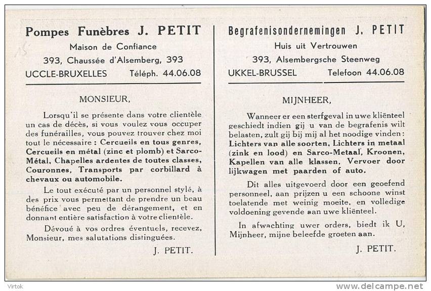 Ukkel : Pompes Funèbres - Begrafenis Onderneming : J. PETIT  ( Corbiare )  Vieux Auto - Old Car - Ukkel - Uccle