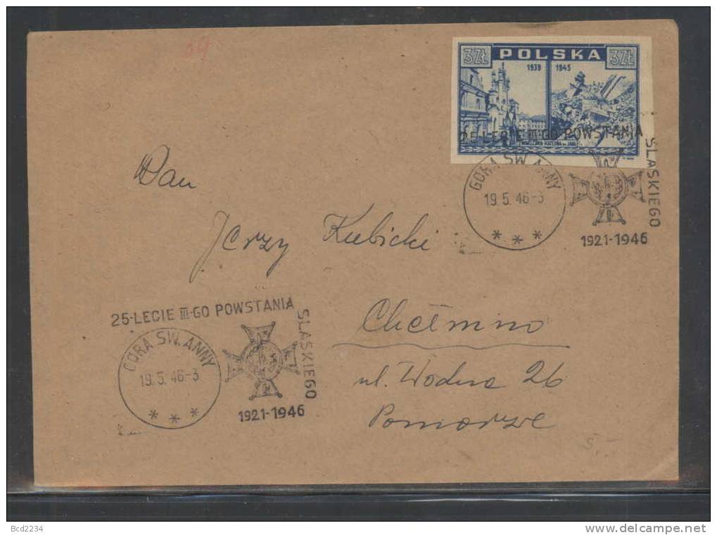 POLAND 1946 (GORA SW ANNY) 25TH ANNIV OF SILESIAN UPRISING SPECIAL CANCEL ON POSTALLY USED COVER (MYSLICKI #B46 010) - Covers & Documents