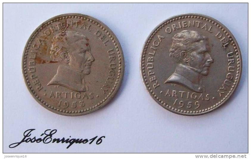 2 COINS - MONNAIE - CURRENCY, URUGUAY 1953 - 1959, 10 CENTESIMOS - Uruguay