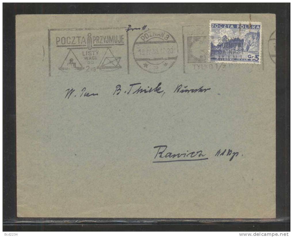 POLAND 1936 POSTALLY USED COVER WITH Fi 280 (POZNAN 3) METER MARKING MYSLICKI (B36 106) GOOD STRIKE OF METER - Lettres & Documents