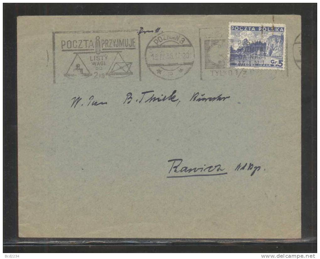 POLAND 1936 POSTALLY USED COVER WITH Fi 280 (POZNAN 3) METER MARKING MYSLICKI (B36 106) GOOD STRIKE OF METER - Storia Postale