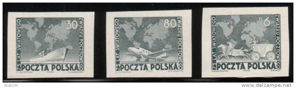 POLAND 1949 75TH ANNIV OF UPU SET OF 3 BLACK PROOFS NHM (NO GUM) MAPS PLANE SHIP HORSES CARRIAGE - Ongebruikt