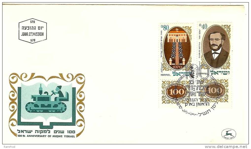 ISRAEL 1970 FDC 100TH ANNIVERSARY OF MIQWE YISRAEL - FDC
