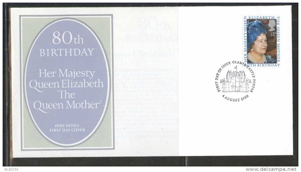 GREAT BRITAIN GB FDC 1980 QUEEN MOTHER 80TH BIRTHDAY GLAMIS CASTLE OFFICIAL UNADDRESSED ROYALS ROYALTIES - Royalties, Royals