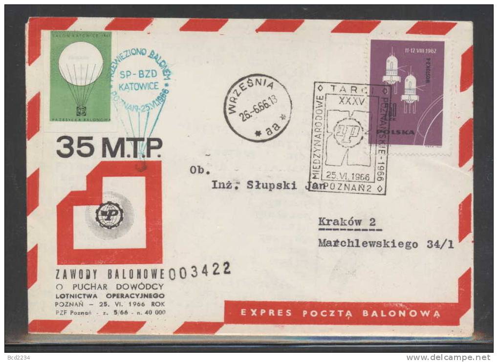 POLAND 1966 (25 JUNE) BALLOON CHAMPIONSHIPS FOR 35TH POZNAN INTERNATIONAL TRADE FAIR SET OF 4 BALLOONS FLIGHT COVERS - Covers & Documents