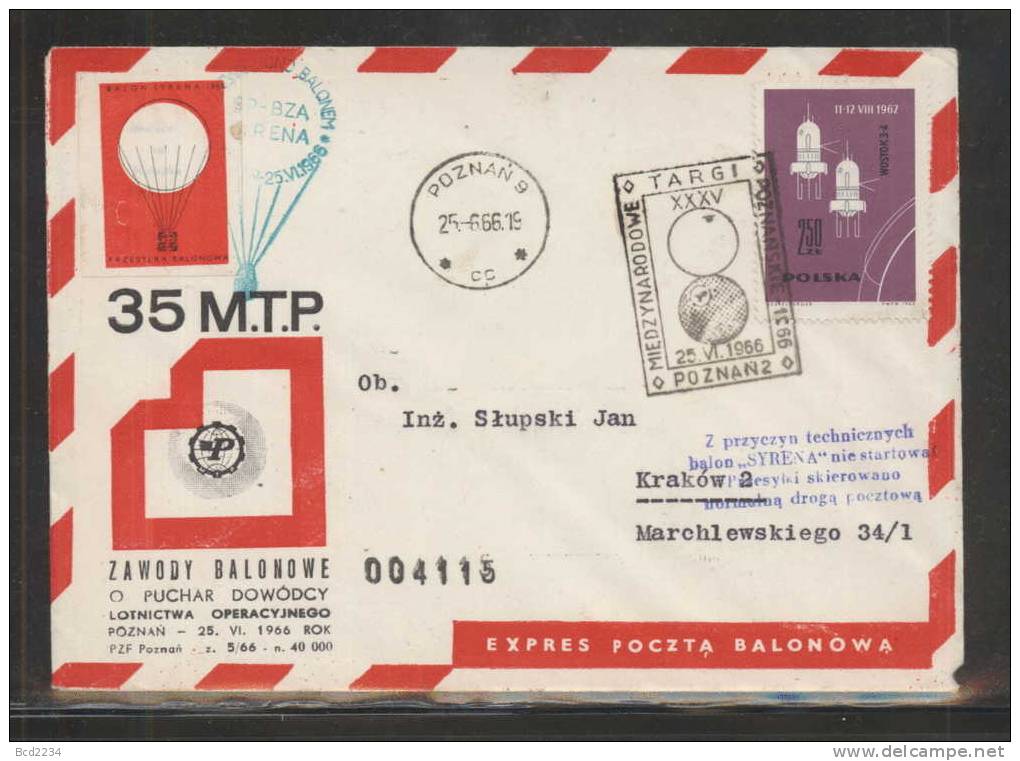 POLAND 1966 (25 JUNE) BALLOON CHAMPIONSHIPS FOR 35TH POZNAN INTERNATIONAL TRADE FAIR SET OF 4 BALLOONS FLIGHT COVERS - Cartas & Documentos