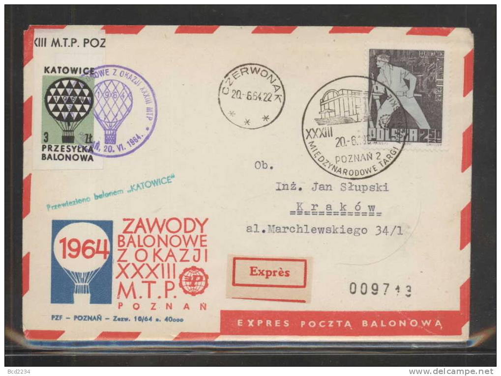 POLAND 1964 (20 JUNE) BALLOON CHAMPIONSHIPS FOR 33RD POZNAN INTERNATIONAL TRADE FAIR SET OF 4 BALLOONS FLIGHT COVERS - Lettres & Documents