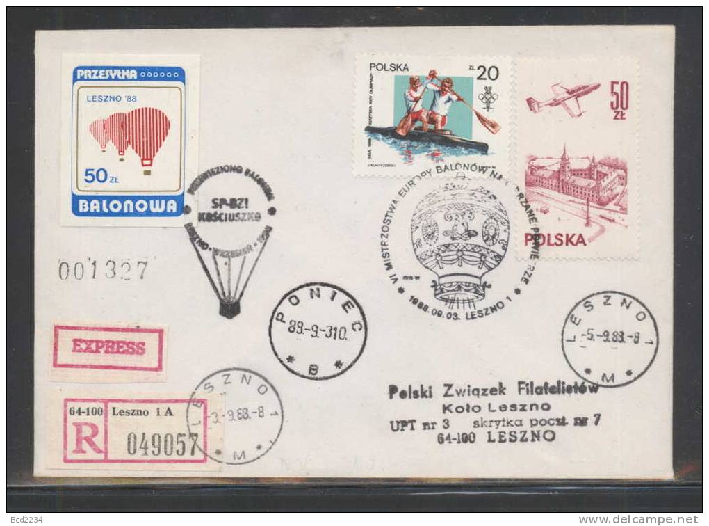 POLAND 1988 (3 SEPTEMBER) LESZNO 6TH EUROPEAN BALLOON CHAMPIONSHIPS SET OF 2 BALLOON FLIGHT COVERS - Covers & Documents