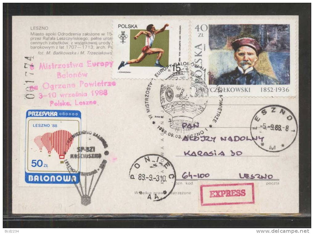 POLAND 1988 (3 SEPTEMBER) LESZNO 6TH EUROPEAN BALLOON CHAMPIONSHIPS SET OF 2 BALLOON FLIGHT CARDS ADDITIONAL RED STAMP - Lettres & Documents