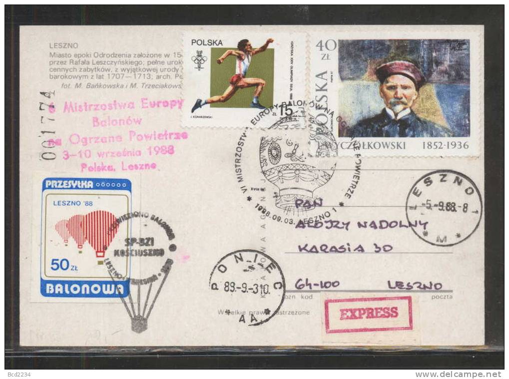 POLAND 1988 (3 SEPTEMBER) LESZNO 6TH EUROPEAN BALLOON CHAMPIONSHIPS SET OF 2 BALLOON FLIGHT CARDS ADDITIONAL RED STAMP - Cartas & Documentos