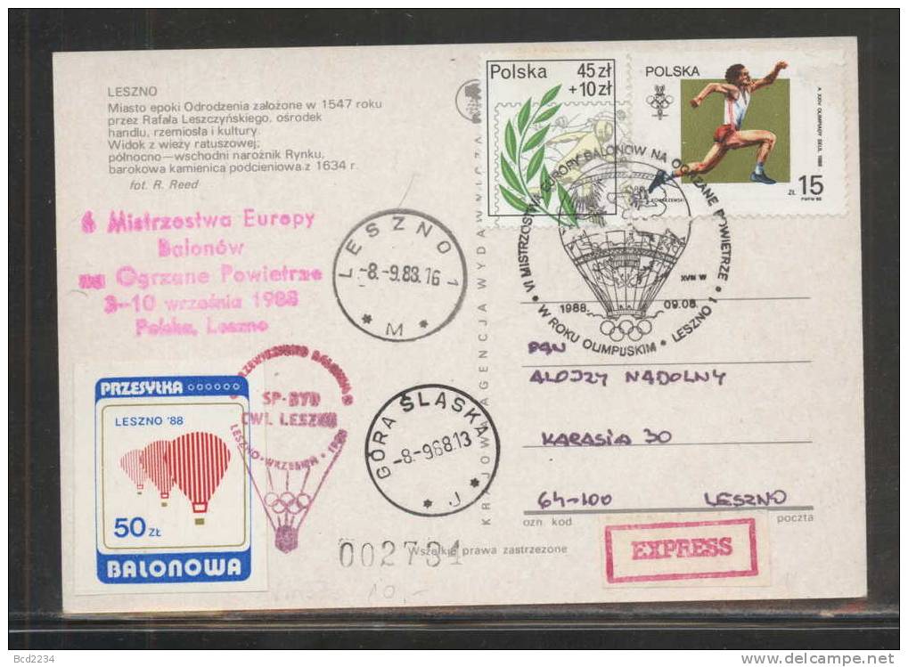 POLAND 1988 (3 SEPTEMBER) LESZNO 6TH EUROPEAN BALLOON CHAMPIONSHIPS SET OF 2 BALLOON FLIGHT CARDS ADDITIONAL RED STAMP - Briefe U. Dokumente