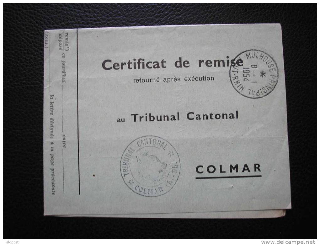 Timbre à Date De MULHOUSE PRINCIPAL Sur Certificat De Remise 1954 Pour COLMAR - Storia Postale