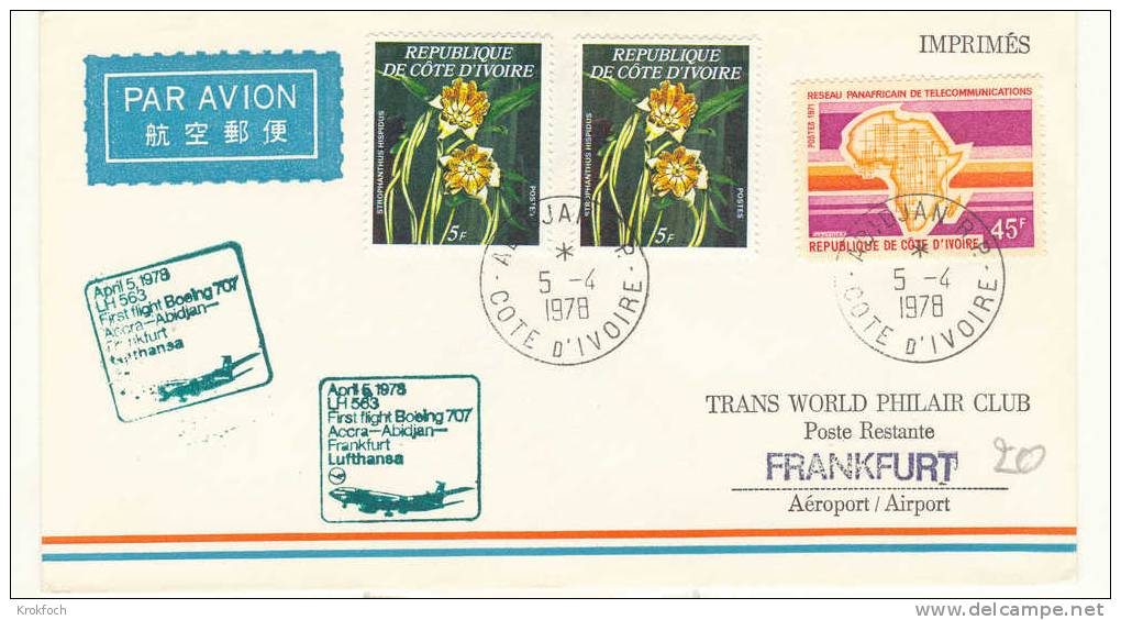 1er Vol Abidjan Francfort Boeing Lufthansa 1978 - Frankfurt Allemagne Cote D'Ivoire Lettre - Brieven En Documenten