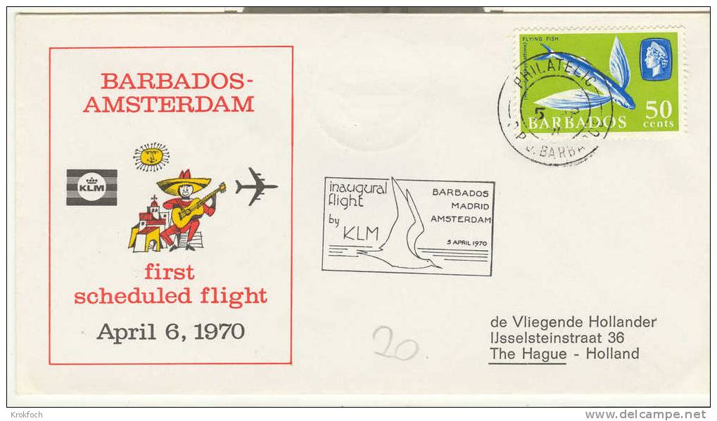 Erstflug Barbados Madrid Amsterdam 1970 KLM - Lettre Brief - 1er Vol Barbades - Primo Volo Espana - Postal History