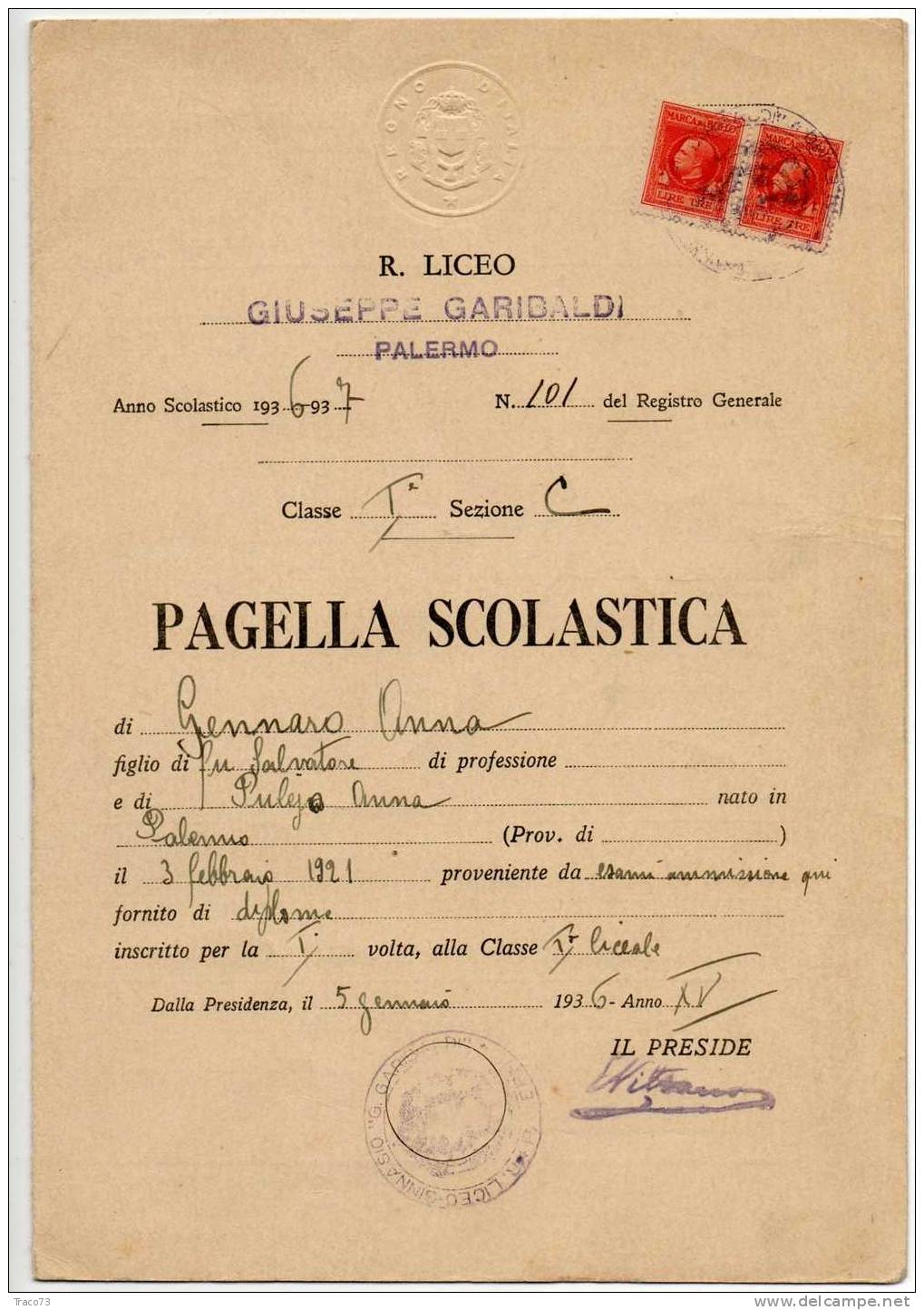 1937 - MARCA DA BOLLO PER  EDUCAZIONE FISICA Su Pagella - A. XV  Senza Cartiglio Sup.  - Lire 30 - Fiscaux