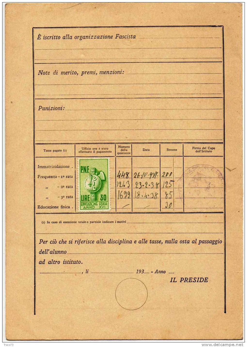 1938 - MARCA DA BOLLO PER  EDUCAZIONE FISICA Su Pagella - A. XVI  Senza Cartiglio Sup.  - Lire 30 - Fiscaux