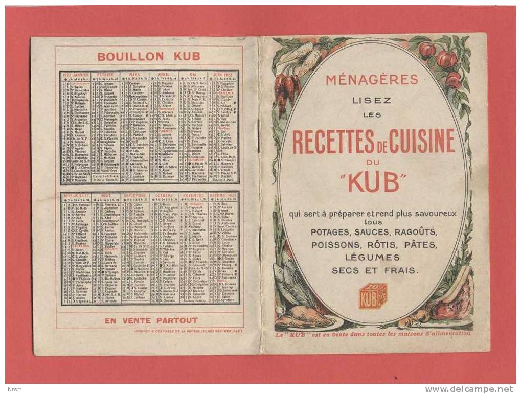 Calendrier 1922 - Livre De Recettes / KUB - Petit Format : 1921-40