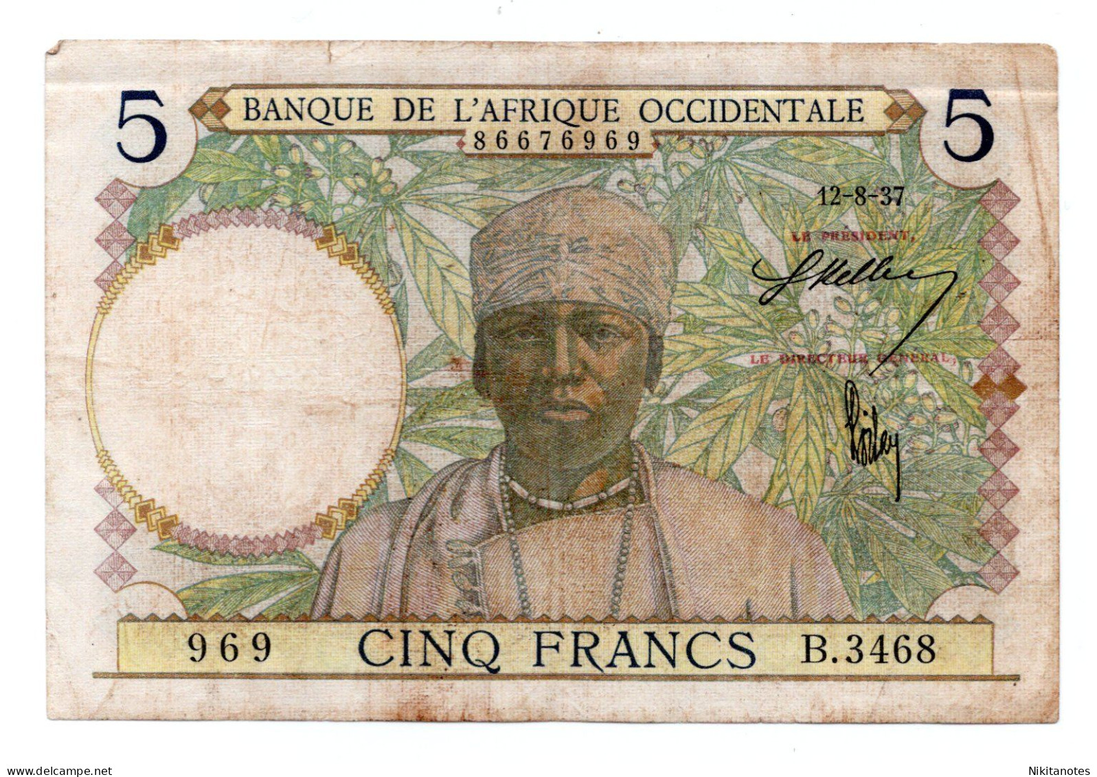 Africa Banque De L'Afrique Occidentale 5 Francs (1937) See Scan Note - Other - Africa