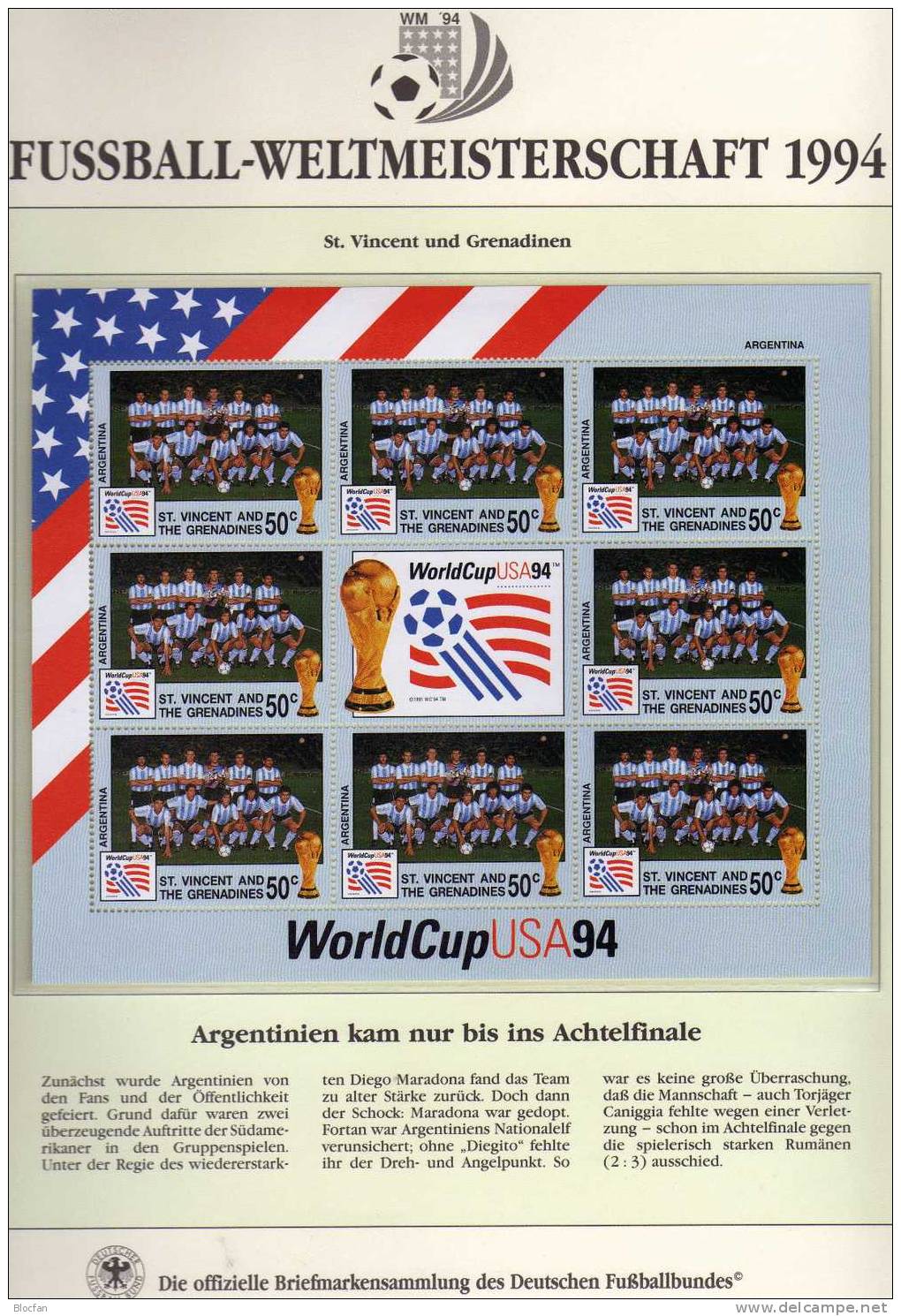 Nationaldress Team Argentinien Fussball WM 1994 Vincent 2821 Kleinbogen ** 8€ Kicker World Cup USA M/s Flag Soccer Sheet - Lettres & Documents