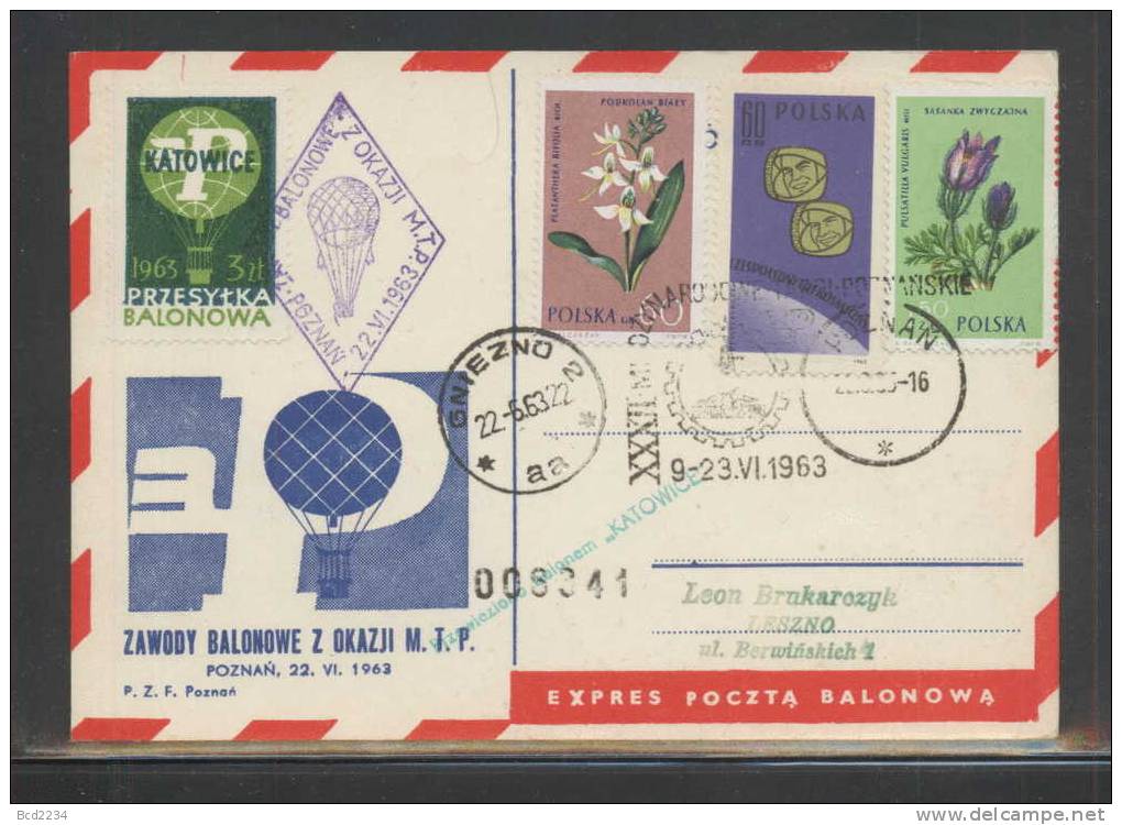 POLAND 1963 (22 JUNE) BALLOONS CHAMPIONSHIPS FOR 32ND POZNAN INTERNATIONAL TRADE FAIR SET OF 4 BALLOON FLIGHT CARDS - Brieven En Documenten