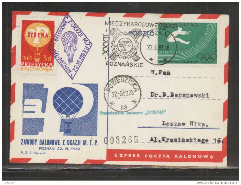 POLAND 1963 (22 JUNE) BALLOONS CHAMPIONSHIPS FOR 32ND POZNAN INTERNATIONAL TRADE FAIR SET OF 4 BALLOON FLIGHT CARDS - Lettres & Documents