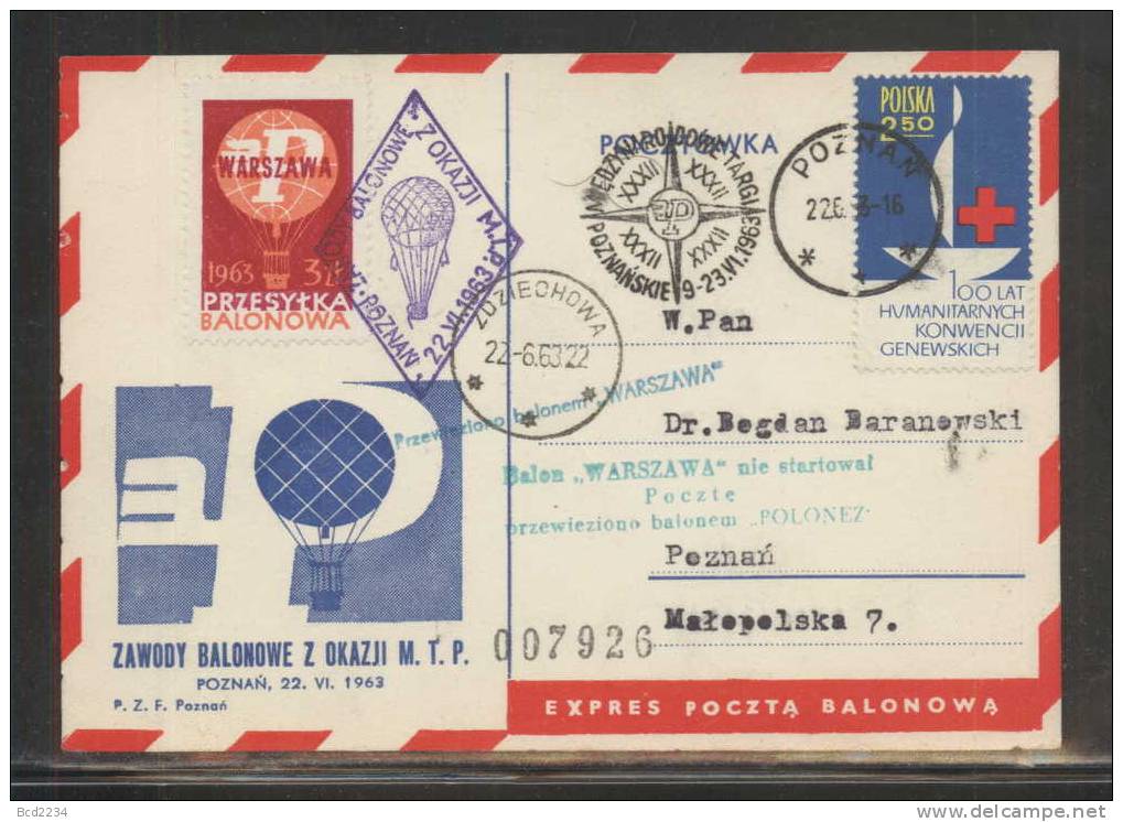 POLAND 1963 (22 JUNE) BALLOONS CHAMPIONSHIPS FOR 32ND POZNAN INTERNATIONAL TRADE FAIR SET OF 4 BALLOON FLIGHT CARDS - Briefe U. Dokumente