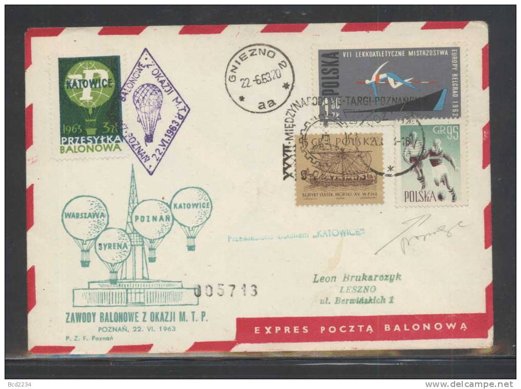 POLAND 1963 (22 JUNE) BALLOONS CHAMPIONSHIPS FOR 32ND POZNAN INTERNATIONAL TRADE FAIR SET OF 4 BALLOON FLIGHT COVERS - Ballonnen