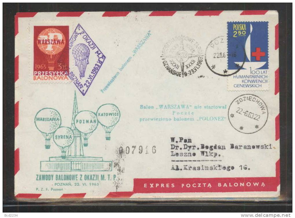 POLAND 1963 (22 JUNE) BALLOONS CHAMPIONSHIPS FOR 32ND POZNAN INTERNATIONAL TRADE FAIR SET OF 4 BALLOON FLIGHT COVERS - Balloons