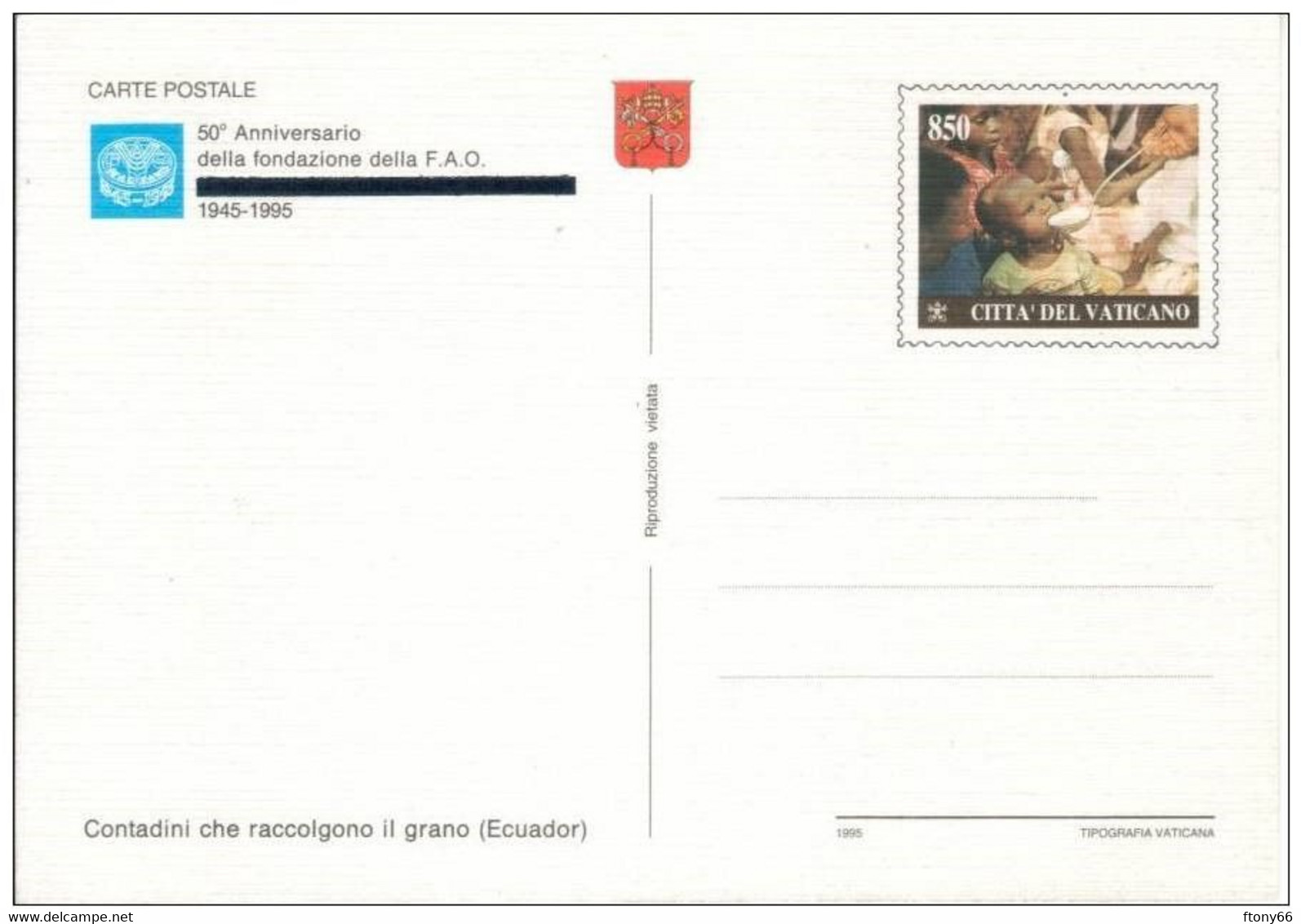1995 Vaticano 5 Cartoline Postali Lire 850 "Fondazione Della FAO" - Nuove - Interi Postali