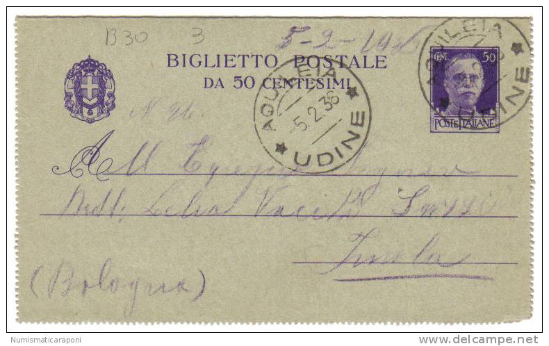 BIGLIETTO POSTALE 50 CENT VIAGGIATO 1936 DA AQUILEIA CODICE C.963 - Udine
