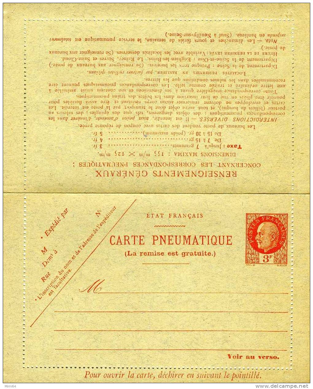 UNE CARTE PNEUMATIQUE .TYPE PETAIN . 3 F NEUF - Pneumatiques