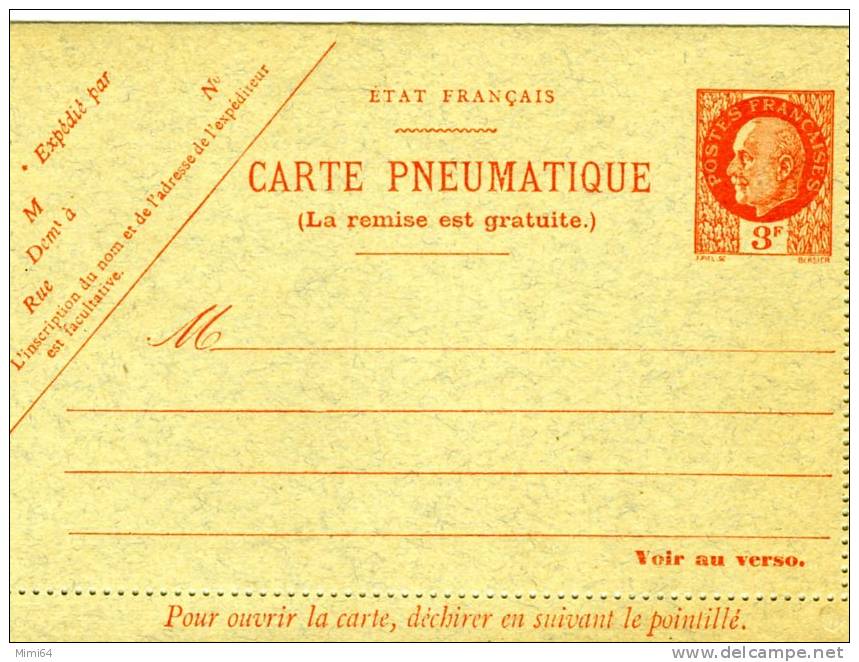 UNE CARTE PNEUMATIQUE .TYPE PETAIN . 3 F NEUF - Pneumatic Post