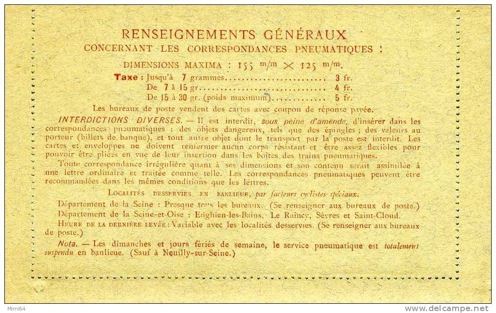 UNE CARTE PNEUMATIQUE .TYPE PETAIN . 3 F NEUF - Pneumatici