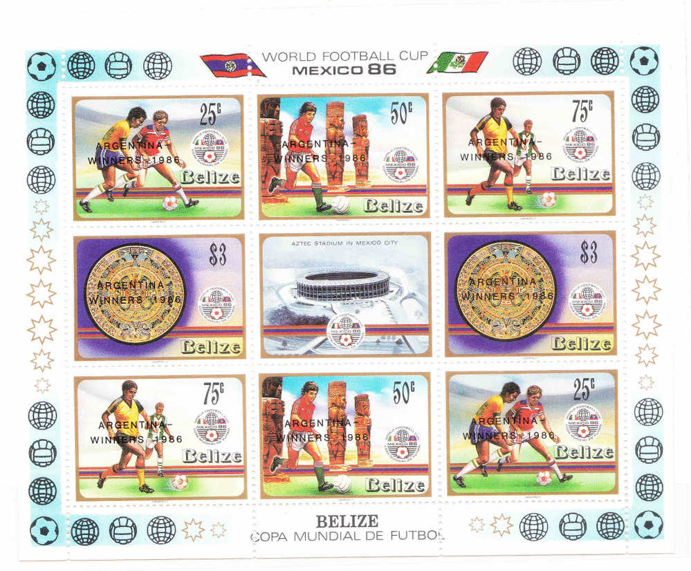 Belize 1986 World Cup Soccer Championships Mexico Overprinted Argentina Winner Sheet MNH - Belize (1973-...)