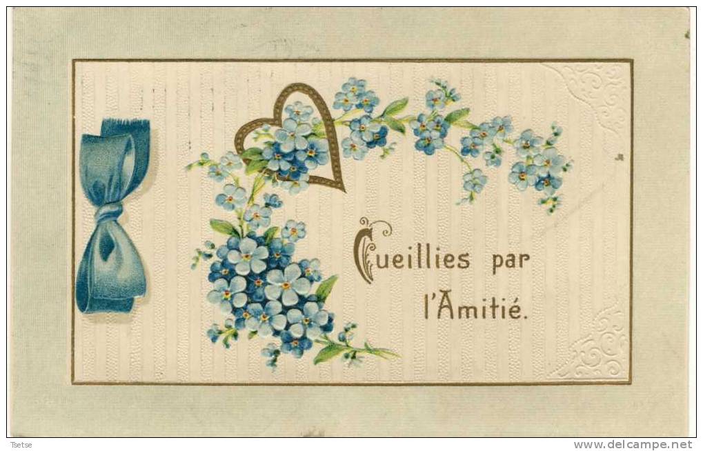 Jolie Carte Avec Décor Myosotis - Cueillies Par L'Amitié - Autres & Non Classés