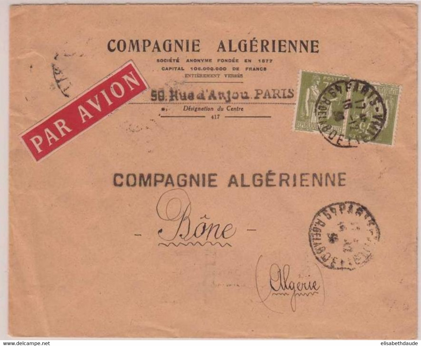 ENVELOPPE Par Avion De La Compagnie Algérienne à Paris Pour Bône (Algérie) - 1936 - Type Paix - MECA  AVIATION Au DOS - 1932-39 Frieden