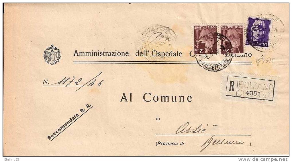 1946 Luogotenenza - 4^ Periodo - L. 10 Imperiale Piego Ospedaliero Da Bolzano - Marcophilie