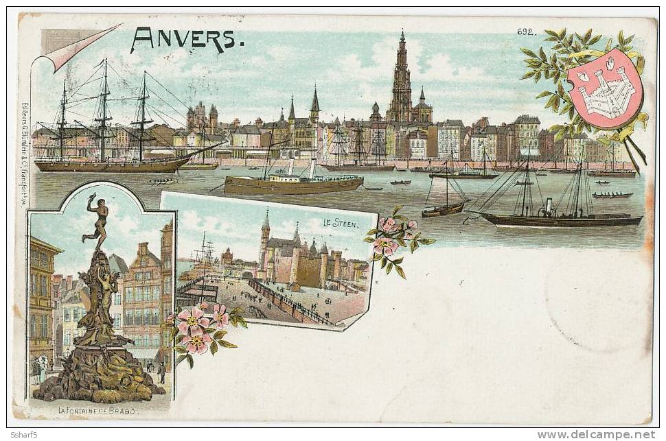 ANVERS Type GRUSS La Fontaine De Brabo Le Steen Le Port Ed. Blümlein Frankfurt 1902 - Antwerpen