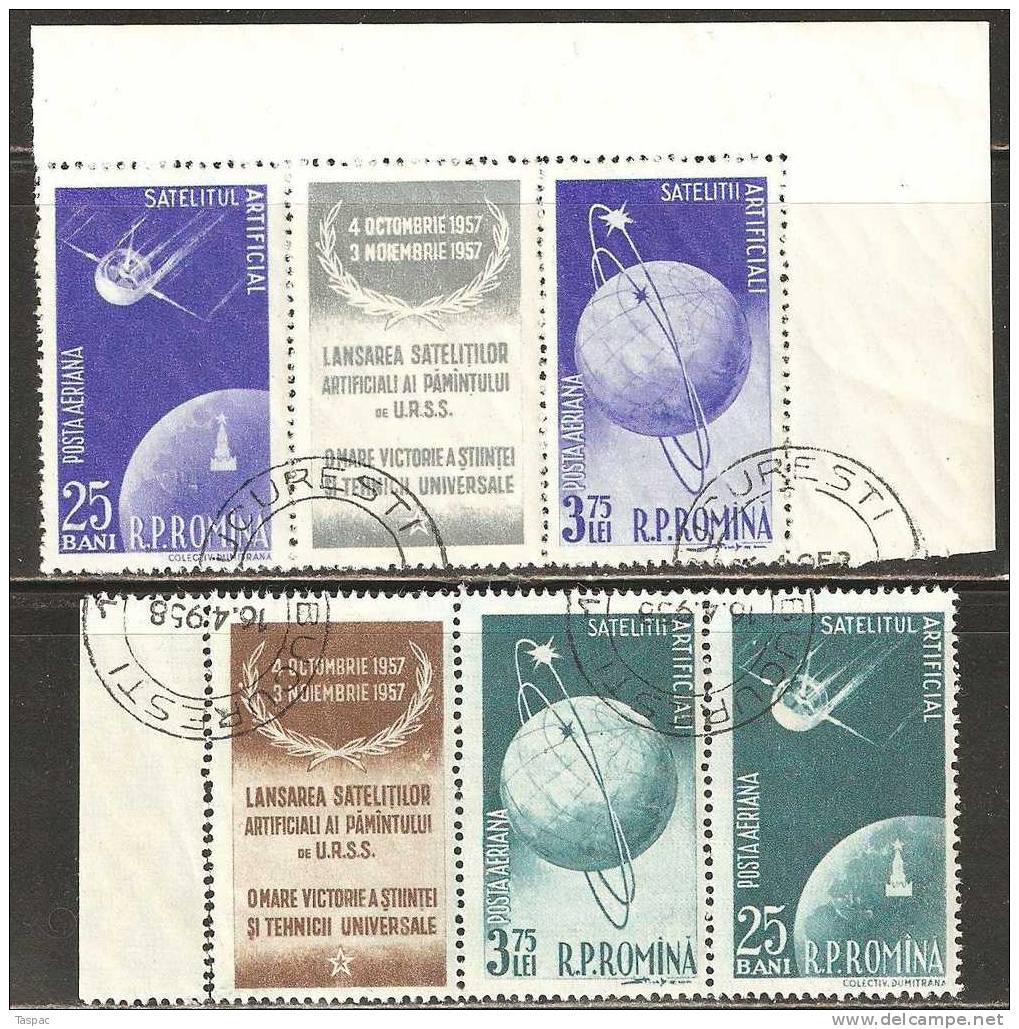 Romania 1957 Mi# 1677-1680 Used - 2 Strips Of 3 - Sputniks 1 And 2 - Used Stamps