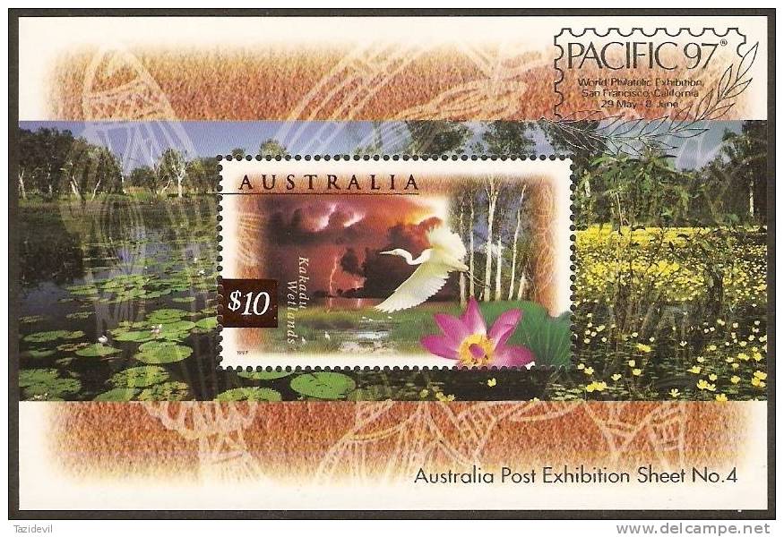 AUSTRALIA - 1997 $10.00 Wetlands Birds  Souvenir Sheet Overprinted Pacific '97. MNH ** - Blocchi & Foglietti