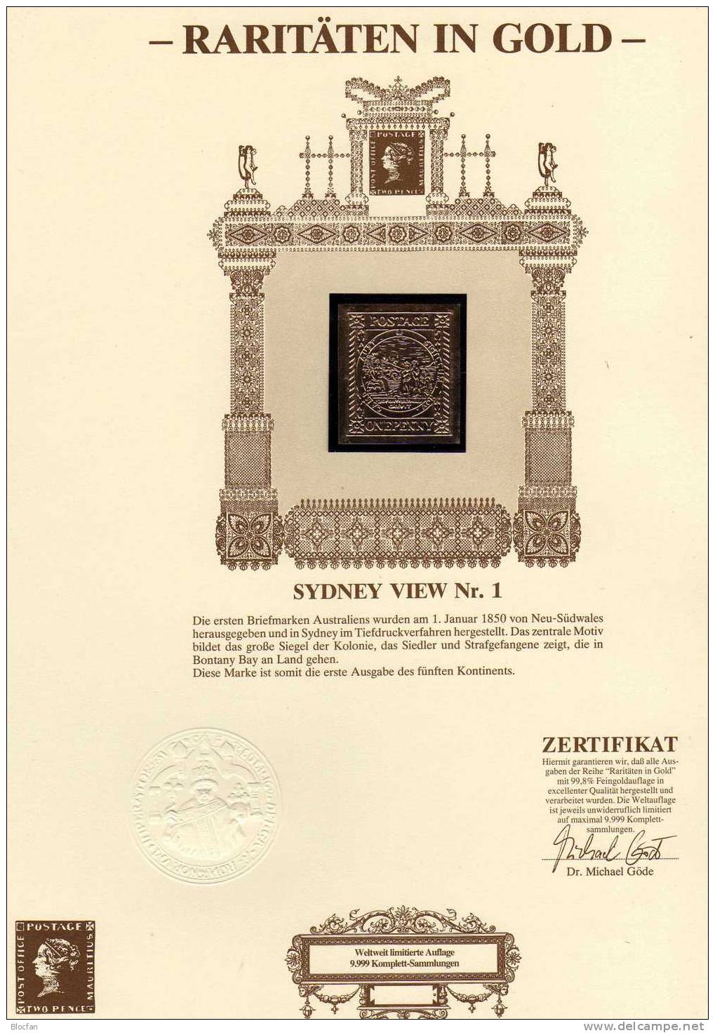 Edition Raritäten In Gold Australien Sydney View Nr. 1 ** 50€ Mit 23 Karat Feingold Document Old Stamp 1850 Of Australia - Covers & Documents