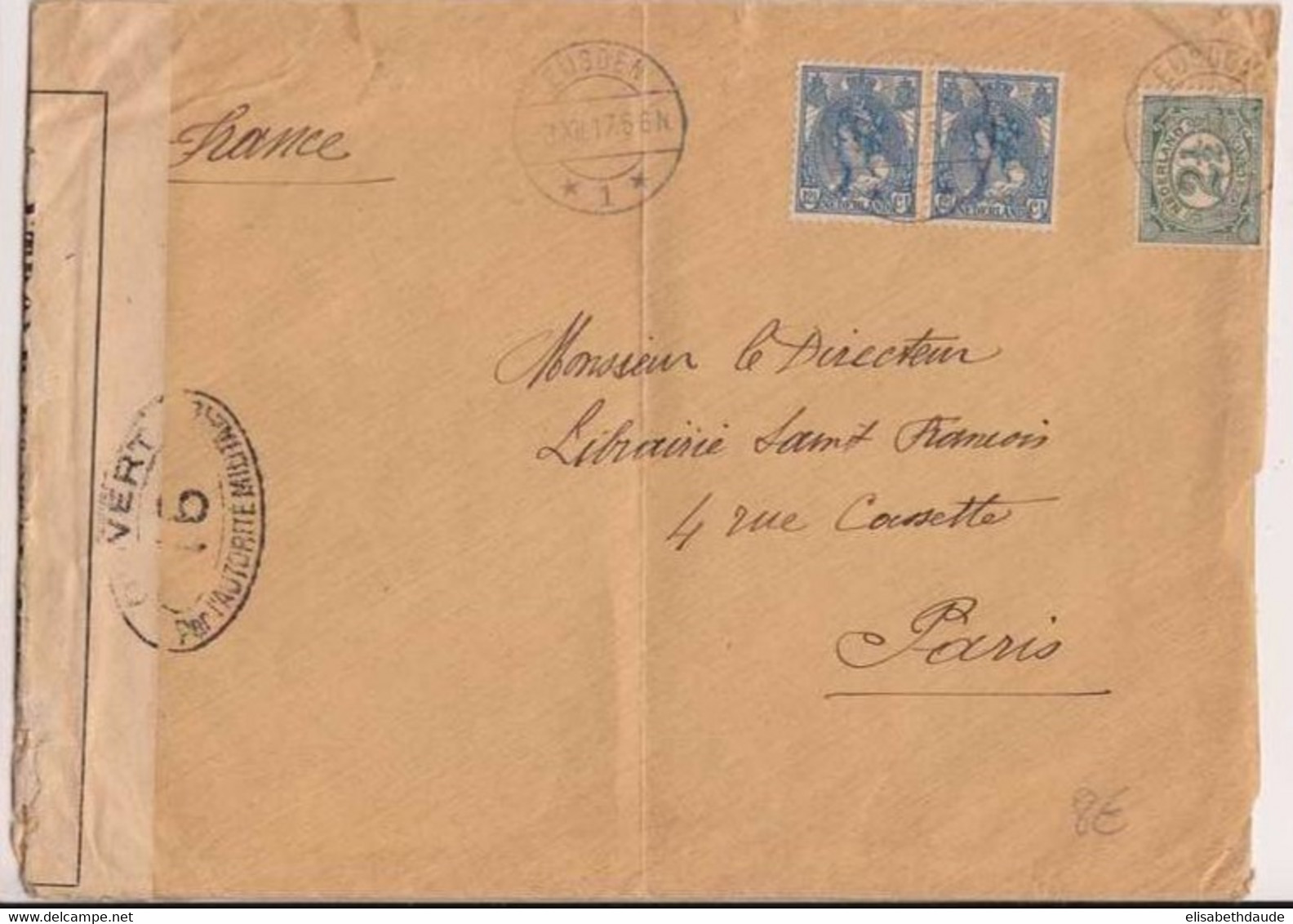 NEDERLAND - 1917 - ENVELOPPE Avec CENSURE De EUSDEN => PARIS - Covers & Documents