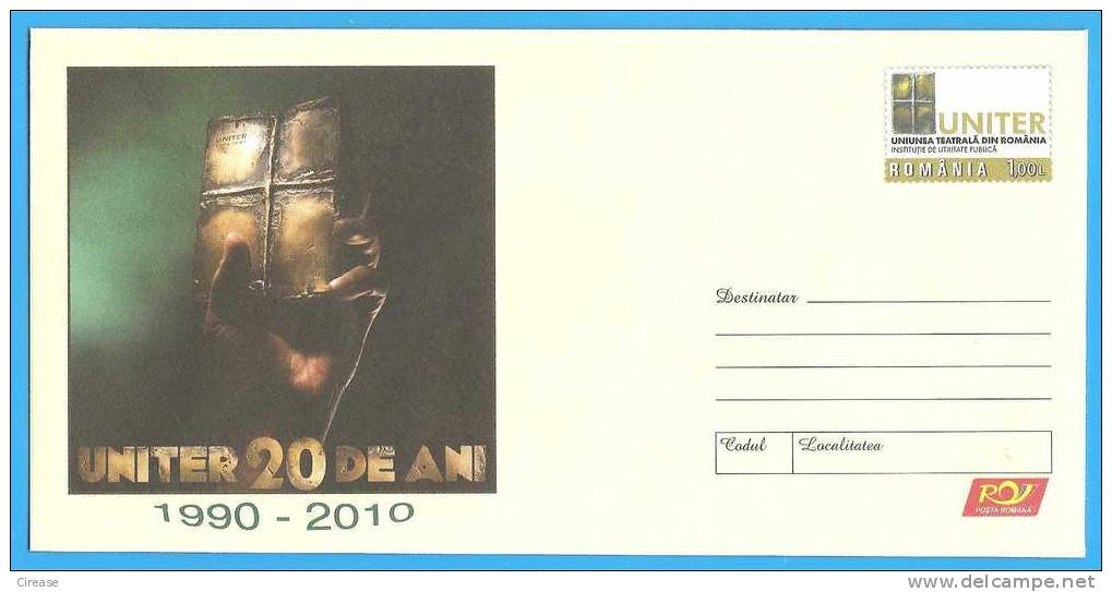 Romania Postal Stationery Cover 2010. Theater Union Of Romania. UNITER - Theatre