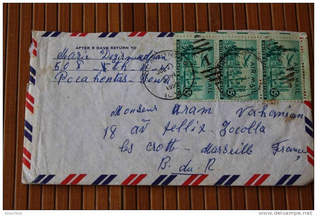 ENVELOPPE LETTER BY AIR MAIL ETATS UNIS D'AMERIQUE USA POCAHONTAS  P/ MARSEILLE 1959 - Cartas & Documentos