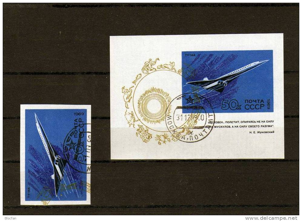 Entwicklung 1969 Flugzeugbau Sowjetunion 3708 Plus 2Block 59 O 8€ Überschallflugzeug TU-144 Bloc Sheet From USSR CCCP SU - Blocchi & Fogli