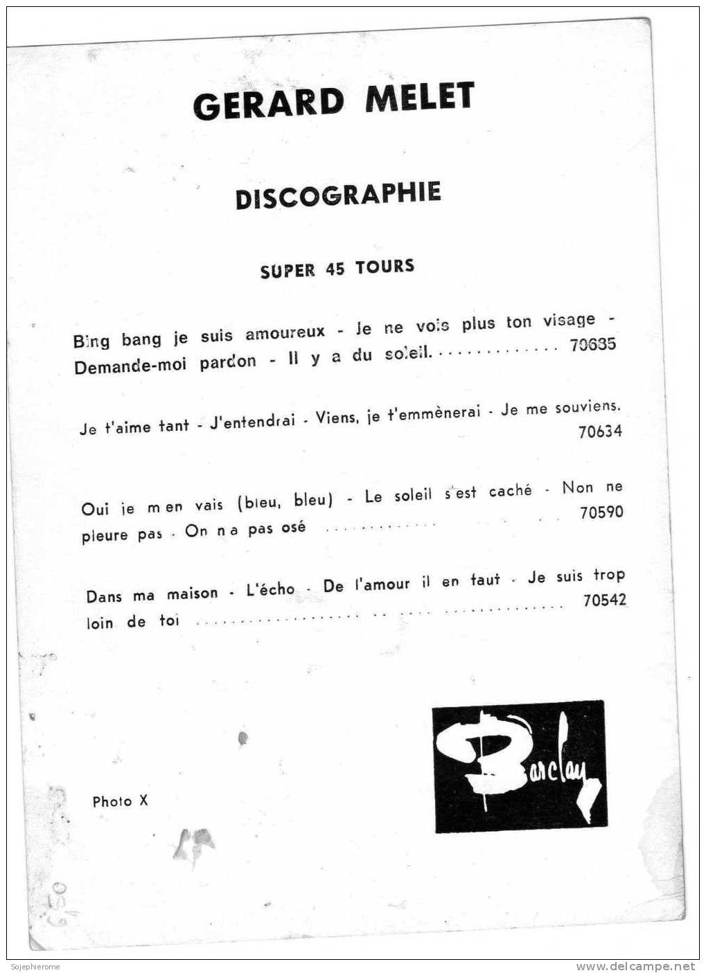 Dédicace De Gérard Melet Disques Barclay Discographie Au Verso Carte Non Postale - Autogramme