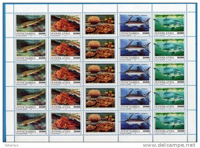 JUGOSLAVIA 1993  FAUNA FISCHS  5 STRIP CATALOG PRICE 45 EURO NEVER HINGED - Ongebruikt