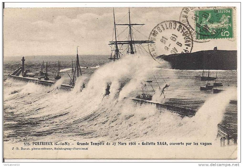 POETRIEUX..GRANDE TEMPETE DU 27 MARS 1906..GOELETTE SAGA COUVERTE PAR LES VAGUES ..2 SCANS.. - Pontrieux